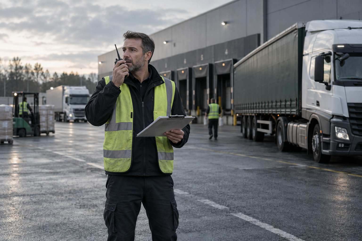A logistics coordinator using a radio and paper route plan at a freight loading yard